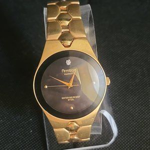 Elegant Armitron Diamond Mens Watch Gold Tone with BLack Face